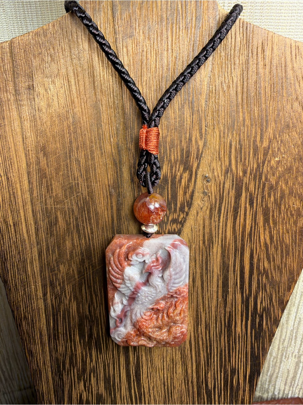 Ocean Jasper Phoenix Carving Pendant Necklace on Rope